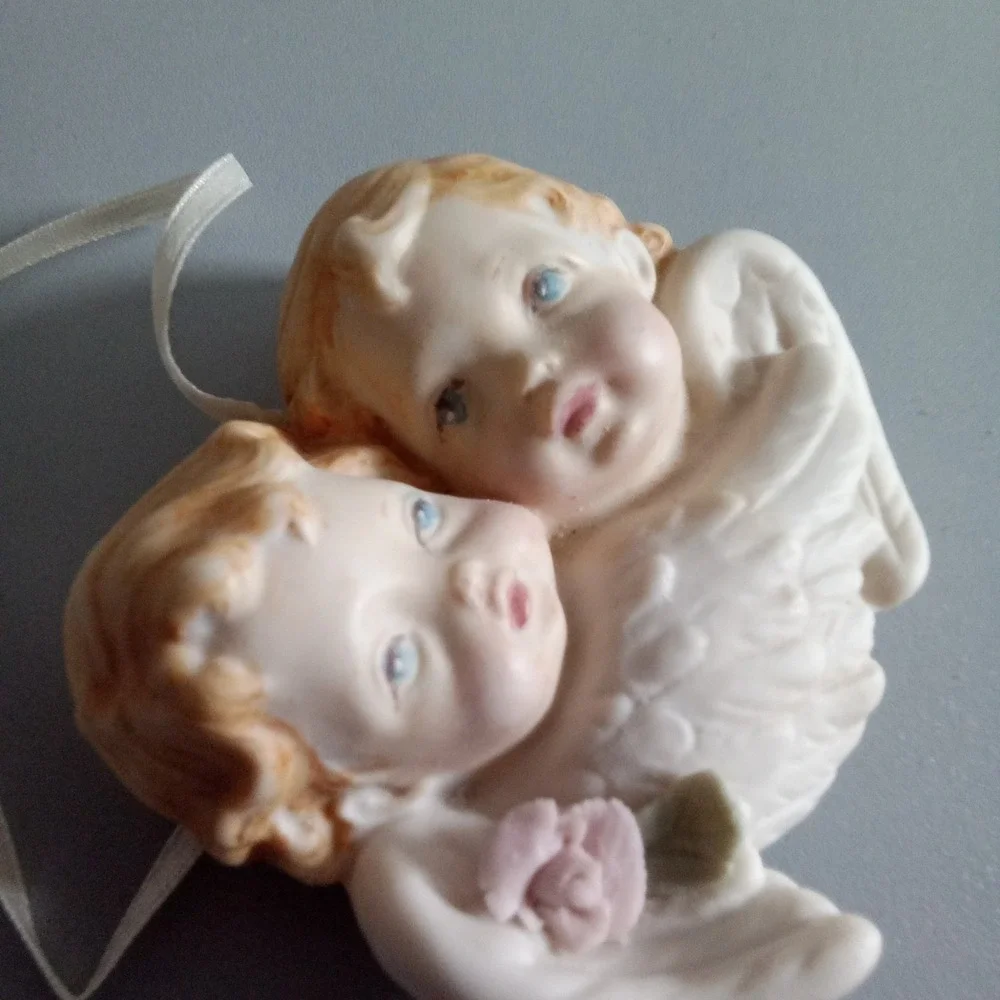 Vintage 1996 Porcelain Cherub Angel Ornament Pink Rose Victorian Decor 3in
